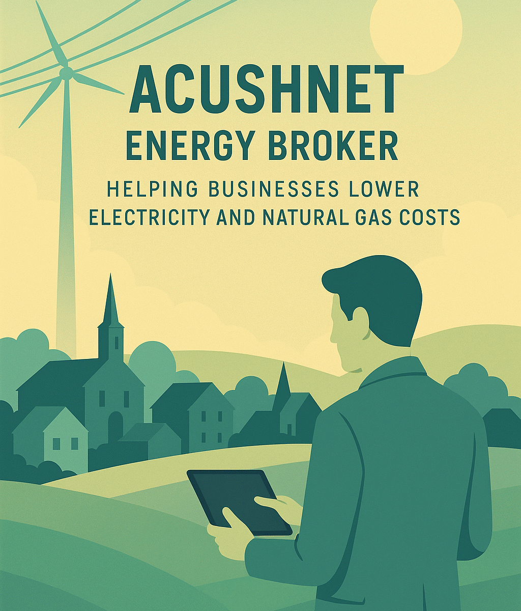 Illustration of Acushnet energy brokers and consultants collaborating with energy symbols to help businesses lower electricity and natural gas bills