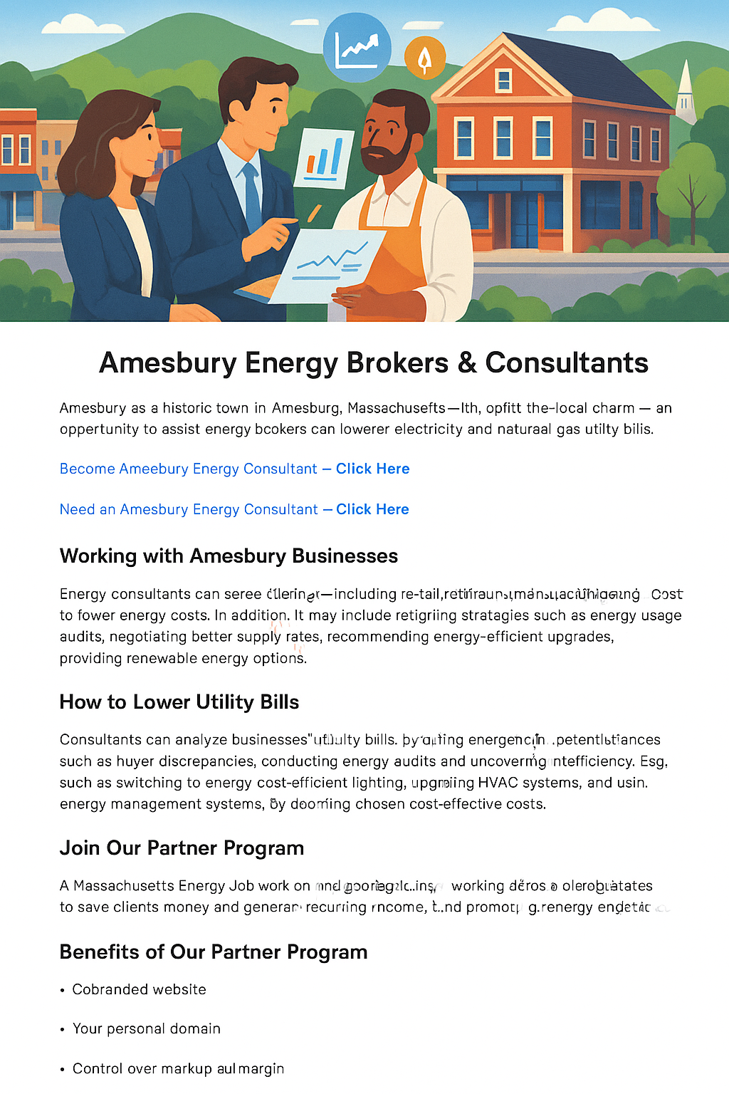 Amesbury energy brokers and consultants discussing energy solutions with a local business owner in front of a historic downtown building