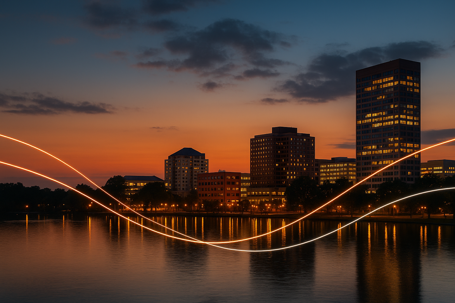 Columbia Maryland skyline at dusk representing commercial electricity and natural gas supply for energy brokers and consultants