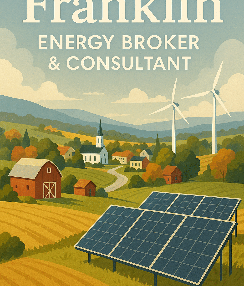 Illustration of Franklin rural landscape with solar panels and wind turbines representing energy brokers and consultants