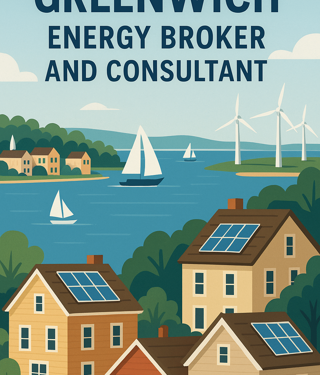 Illustration of Greenwich coastal town with historic homes, sailboats, solar panels and wind turbines representing energy brokers and consultants