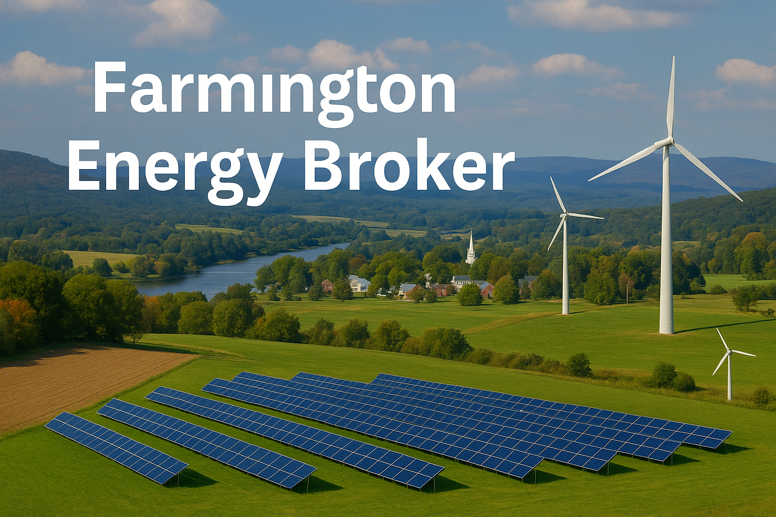 Scenic illustration of Farmington valley with solar panels and wind turbines representing energy brokers and consultants