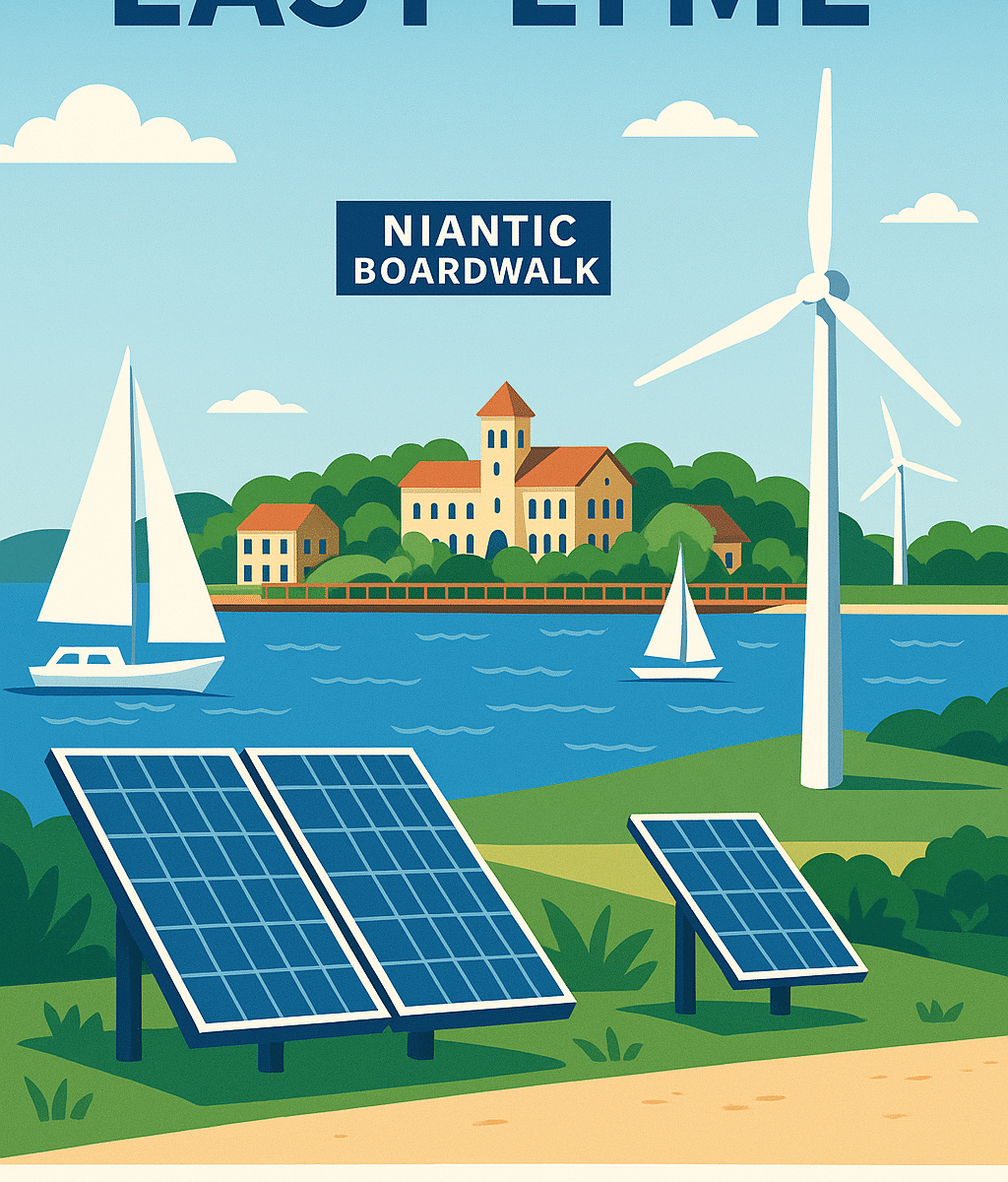 Illustration of East Lyme shoreline with wind turbines and solar panels representing energy brokers and consultants