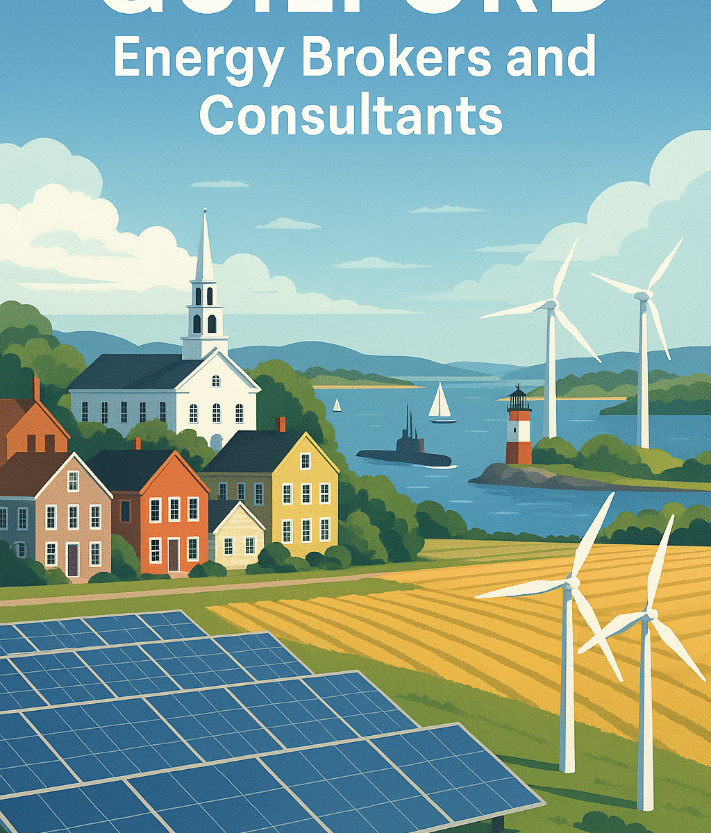 Illustration of Guilford coastal town green, harbor, wind turbines and solar panels representing energy brokers and consultants