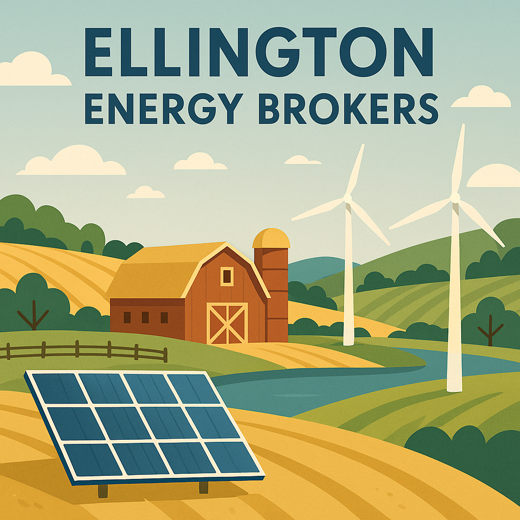 Illustration of Ellington rural landscape with solar panels and wind turbines representing energy brokers and consultants