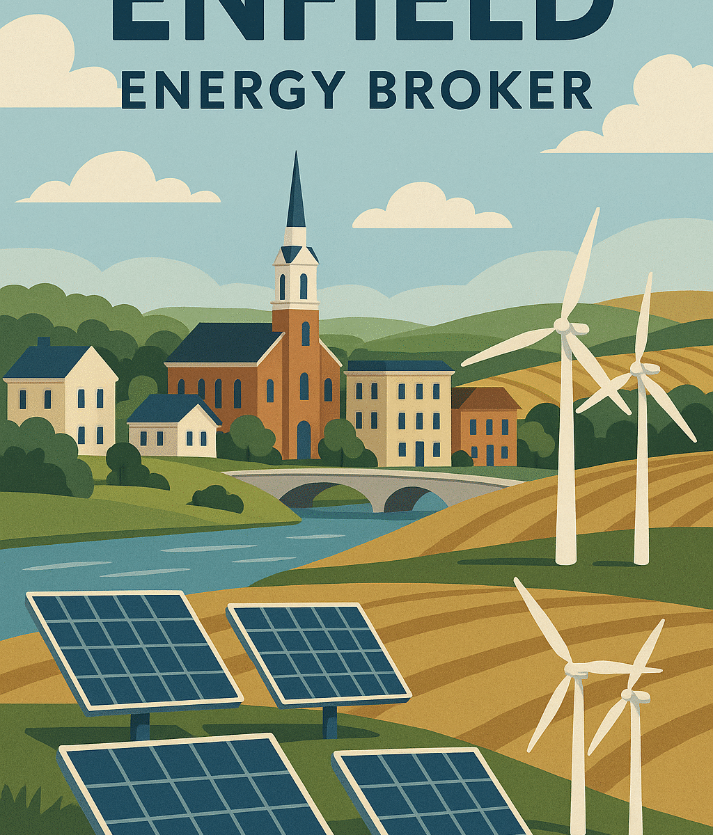 Illustration of Enfield farmland with wind turbines and solar panels representing energy brokers and consultants