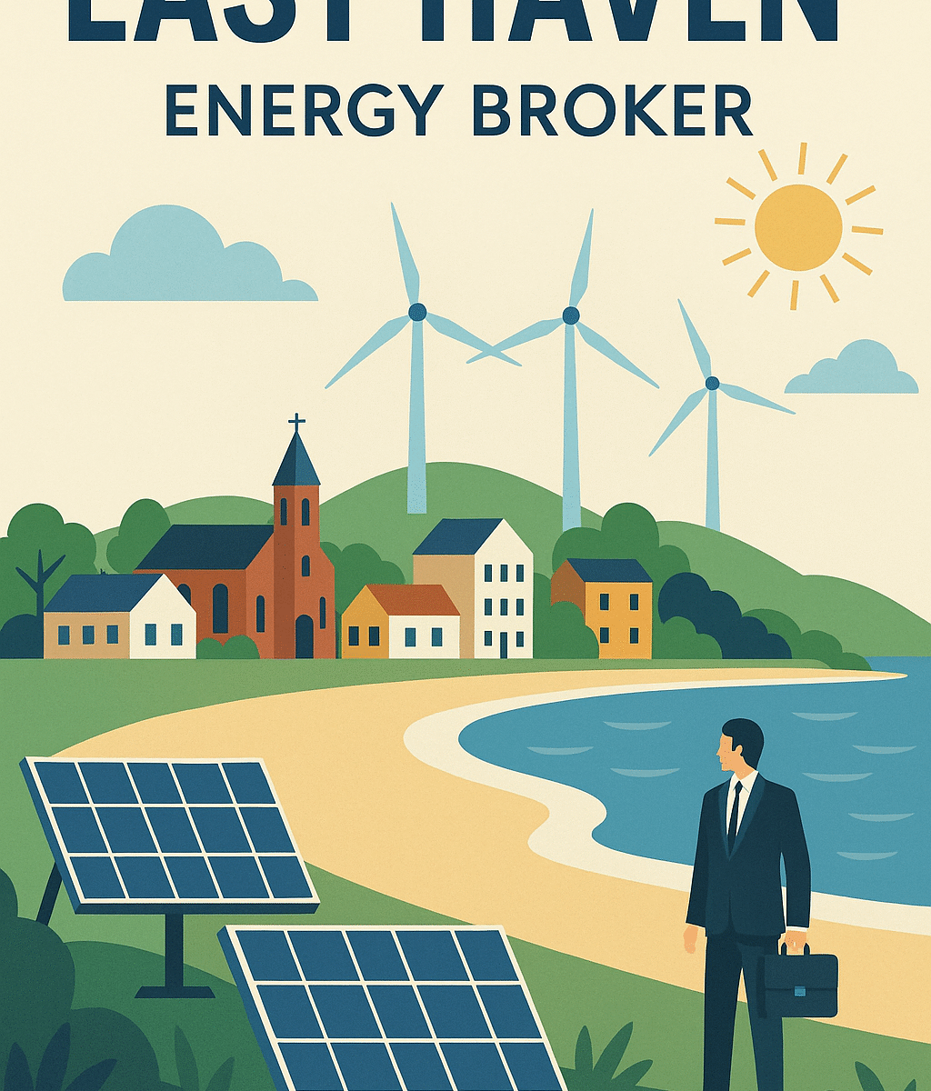 Illustration of East Haven shoreline with wind turbines and solar panels representing energy brokers and consultants