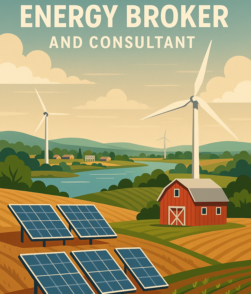 Illustration of East Windsor rural landscape with solar panels and wind turbines representing opportunities for energy brokers and consultants