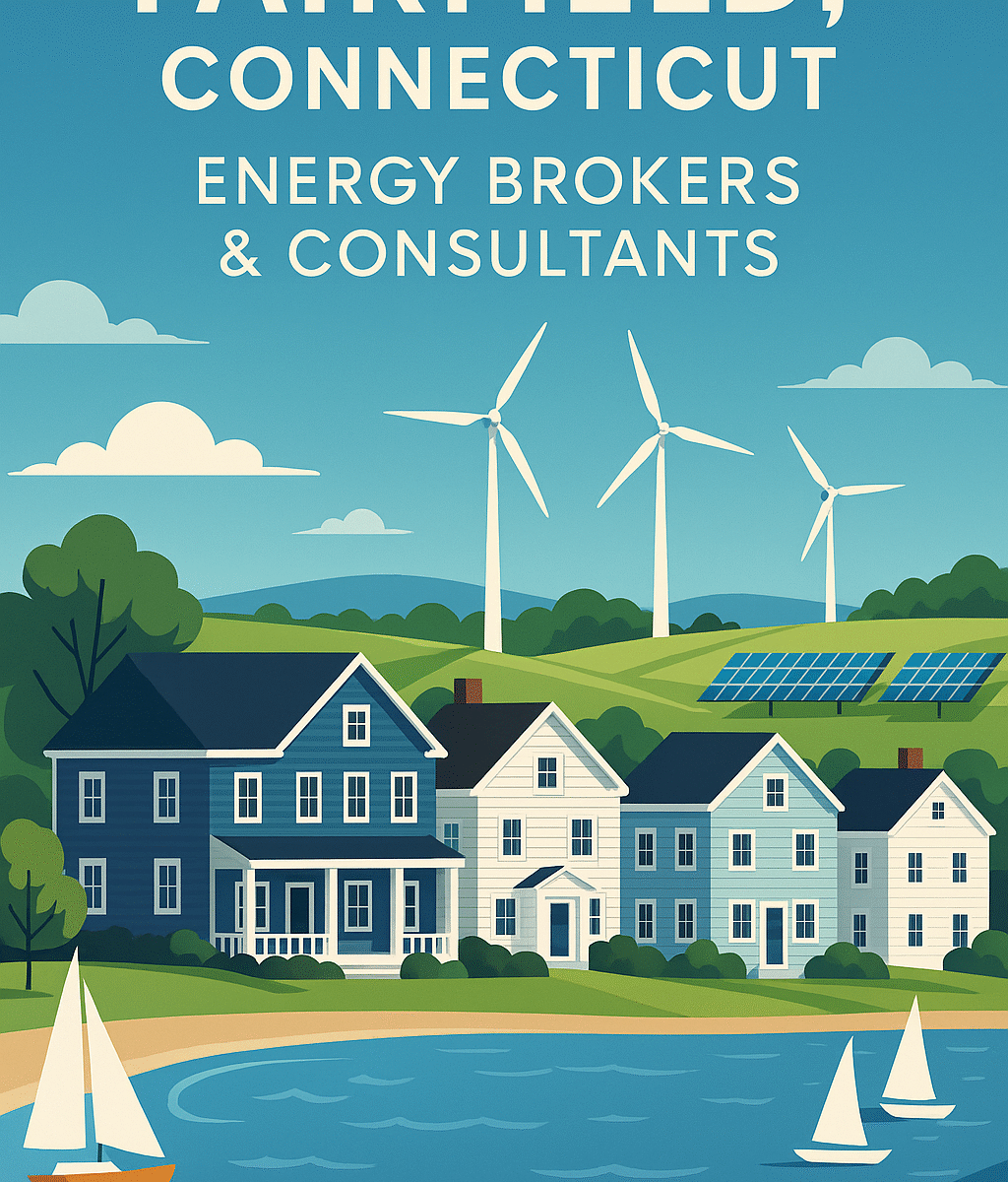 Illustration of Fairfield coastal town with solar panels and wind turbines representing energy brokers and consultants