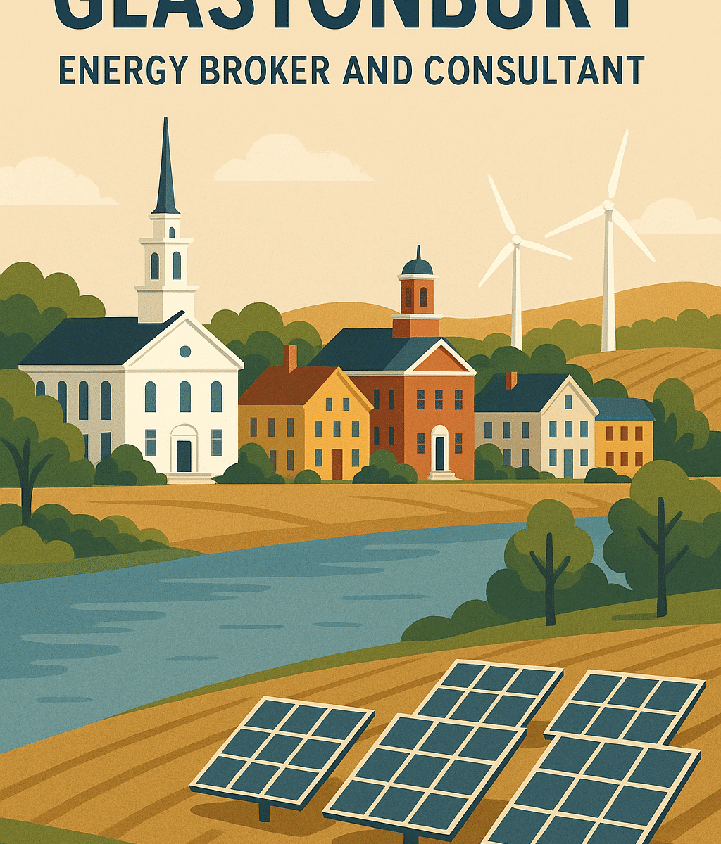 Illustration of Glastonbury, Connecticut with historic buildings, river, solar panels and wind turbines representing energy brokers and consultants