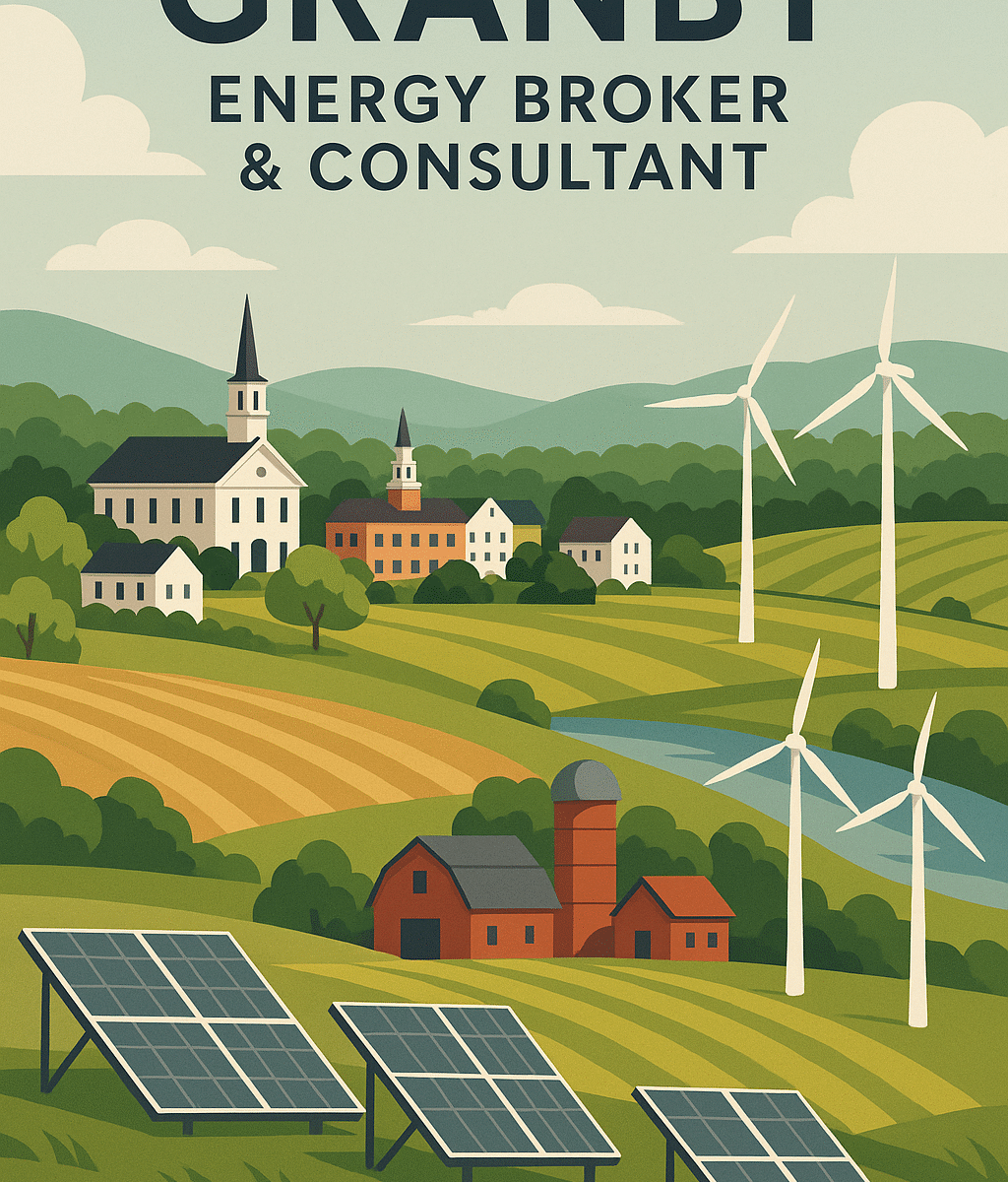 Illustration of Granby farm landscape with barn, solar panels and wind turbines representing energy brokers and consultants
