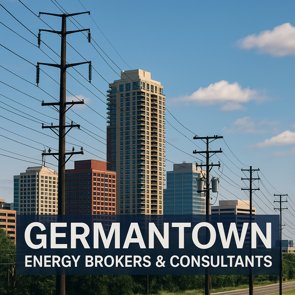 Germantown energy brokers and consultants skyline with power lines for commercial electricity and natural gas supply