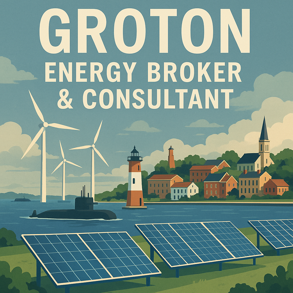 Illustration of Groton maritime landscape with submarine, lighthouse, wind turbines, and solar panels representing energy brokers and consultants