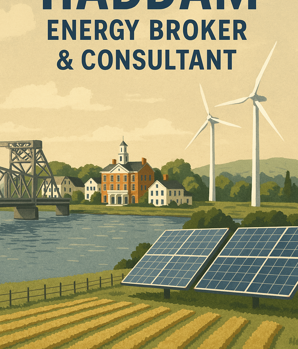 Illustration of Haddam riverside town with swing bridge, barns, solar panels and wind turbines representing energy brokers and consultants